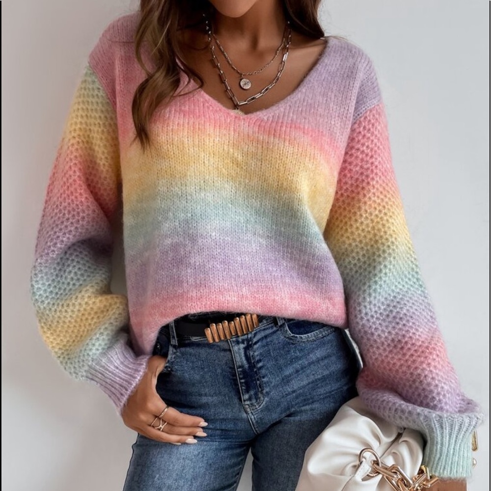 Cozy Color Block V Neck Long Sleeve Sweater Top - Picture 5 of 6